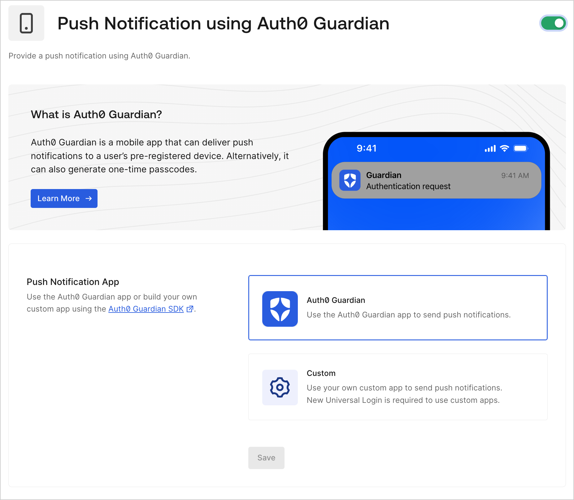 Auth0 Dashboard > Sécurité > Authentification multifacteur > Notification push avec Auth0 Guardian