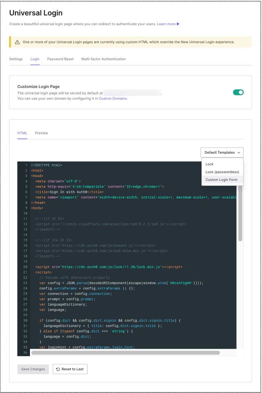 Dashboard Branding Universal Login Classic Login onglet Custom Login Form