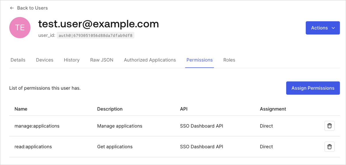Auth0 Dashboard : détails de l’utilisateur et liste des permissions attribuées à cet utilisateur