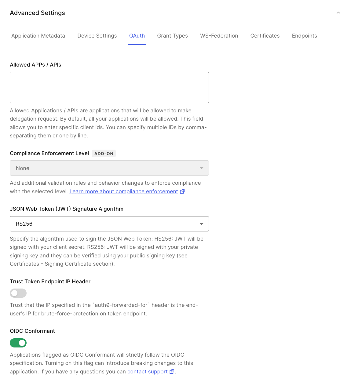 Auth0 Dashboard のアプリケーション設定タブの詳細設定 OAuth タブ