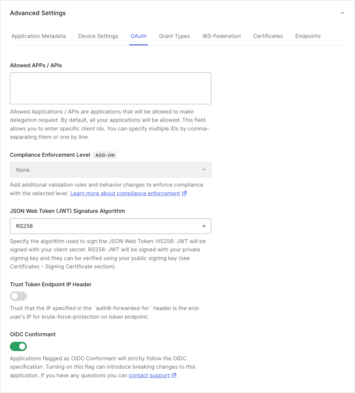 Auth0 Dashboard のアプリケーション設定タブの詳細設定 OAuth タブ