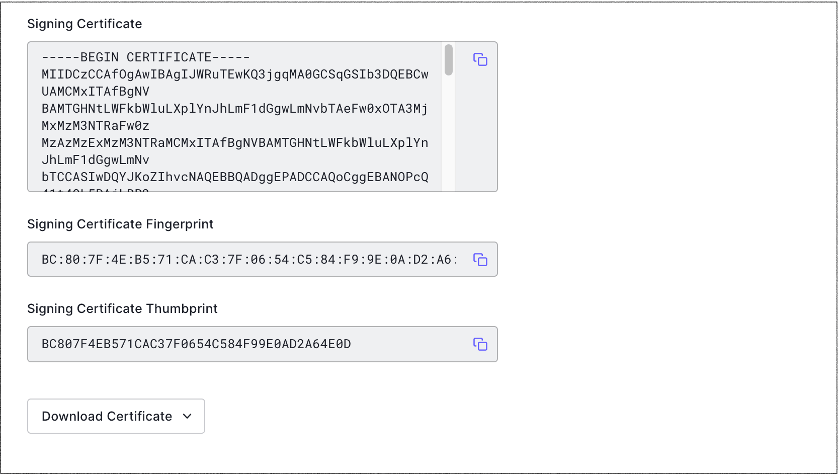 Dashboard Applications Advanced Settings onglet Certificates