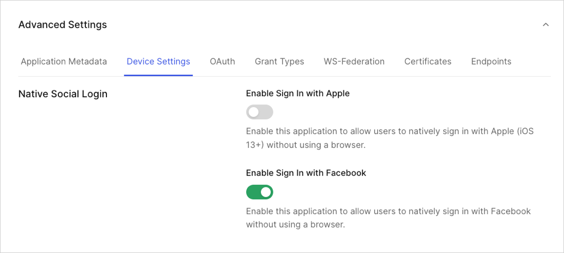 Paramètres de Native Social Login