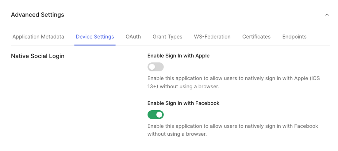 Paramètres de Native Social Login