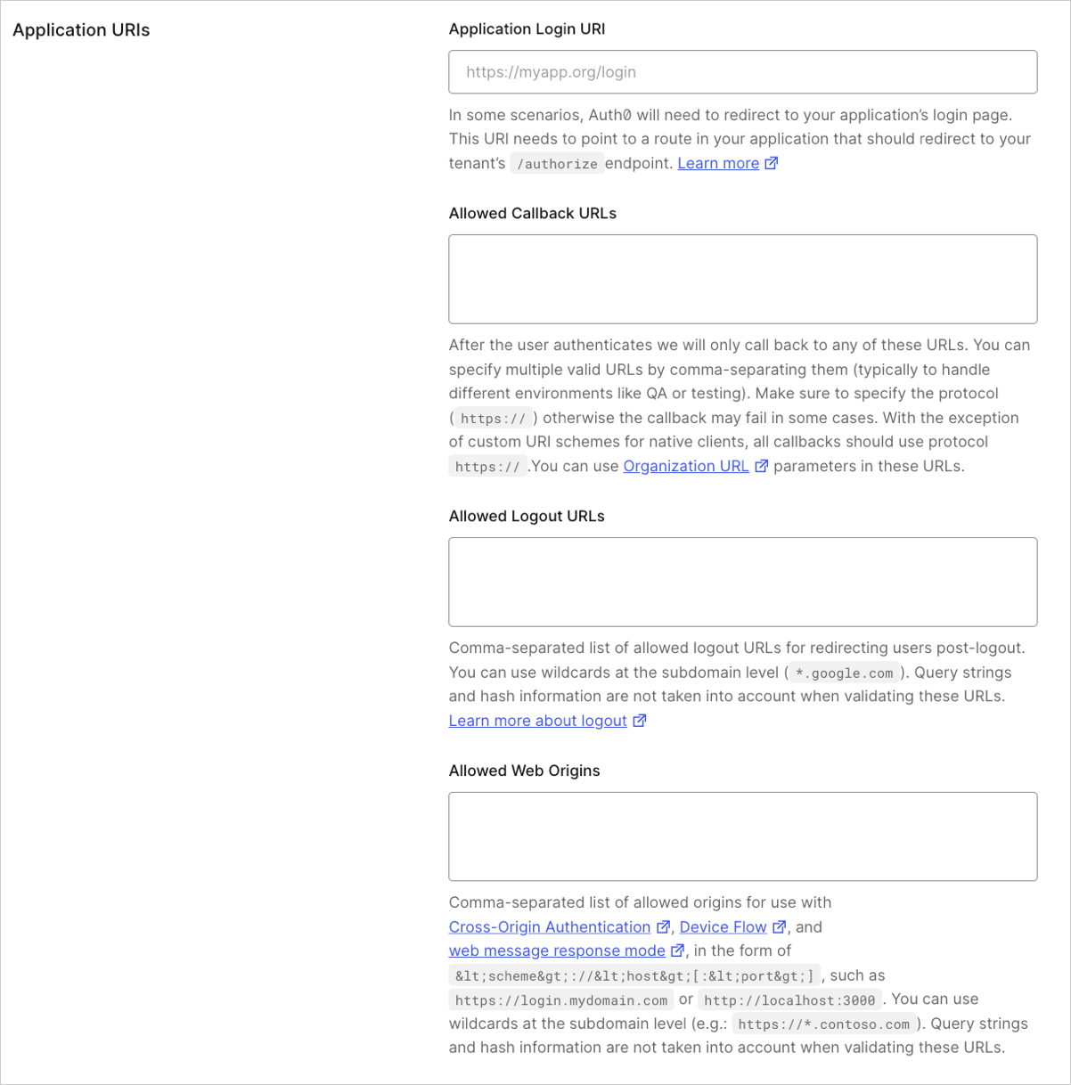 Dashboard Applications paramètres de l’application Application URIs