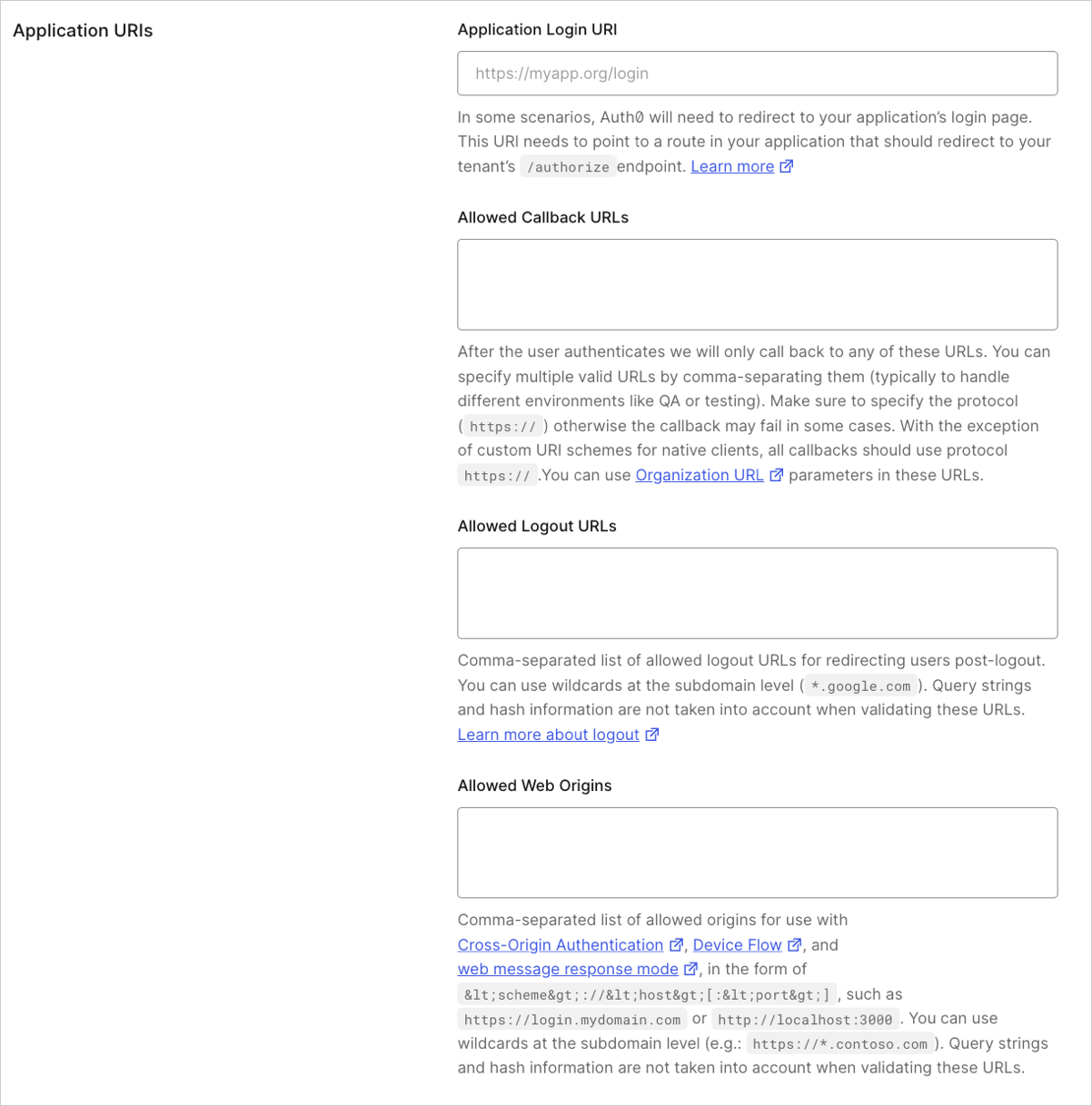 Dashboard Applications paramètres de l’application Application URIs