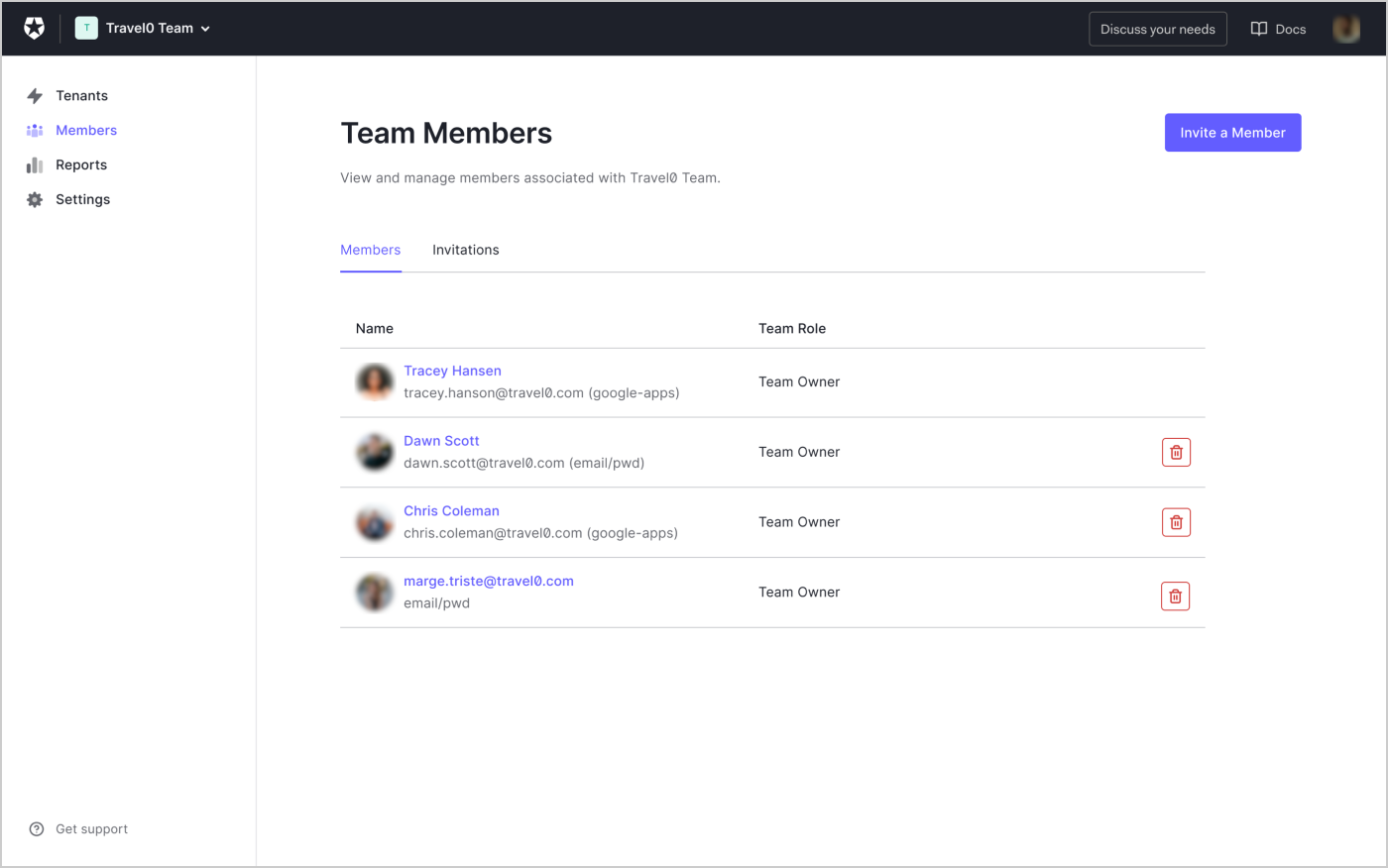 Vue de la section Members d’une Auth0 Team dans le Teams Dashboard