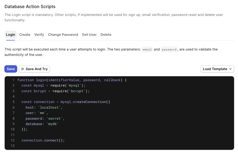 Custom Database > Database Action Scripts > Login