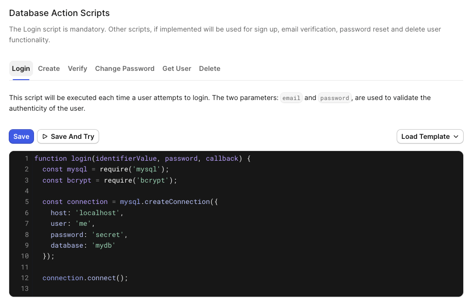 Custom Database > Database Action Scripts > Login