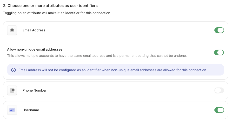 The non-unique email addresses option on the New Database Connection page