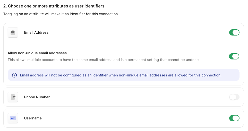The non-unique email addresses option on the New Database Connection page