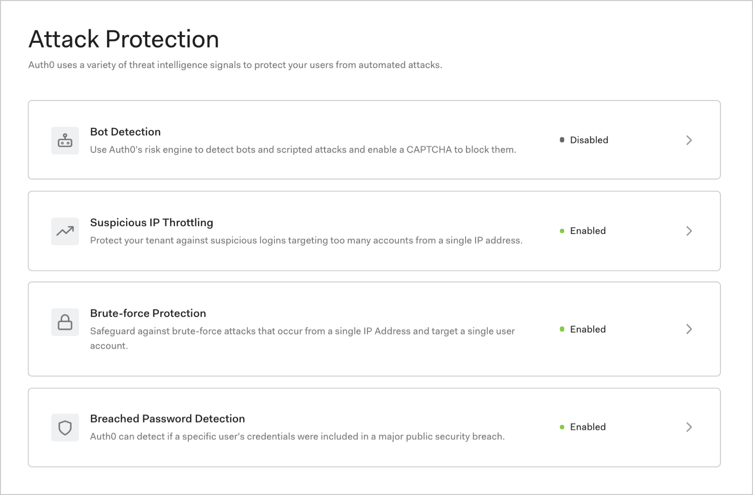 Auth0 Dashboard の Security > Attack Protection ページ