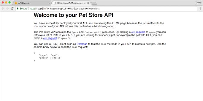 AWS API Gateway - Réponse du test de déploiement