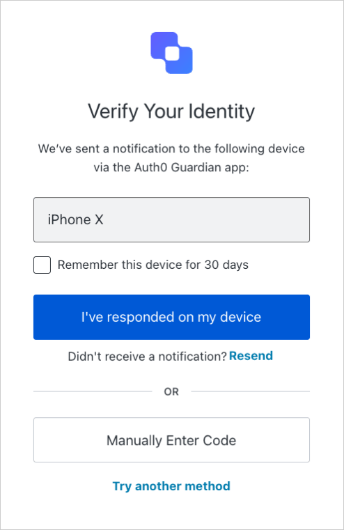 Exemple d’invite MFA affichant le bouton Manually Enter Code