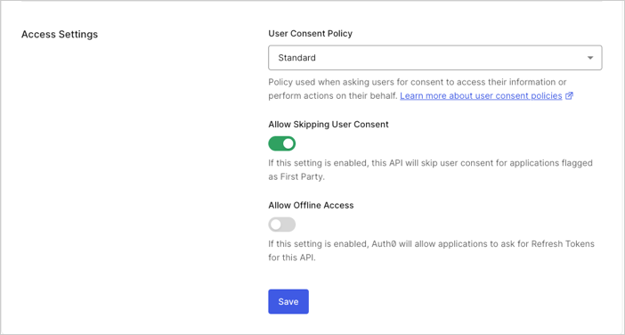 Auth0 Dashboard アプリケーション API 設定タブ アクセス設定
