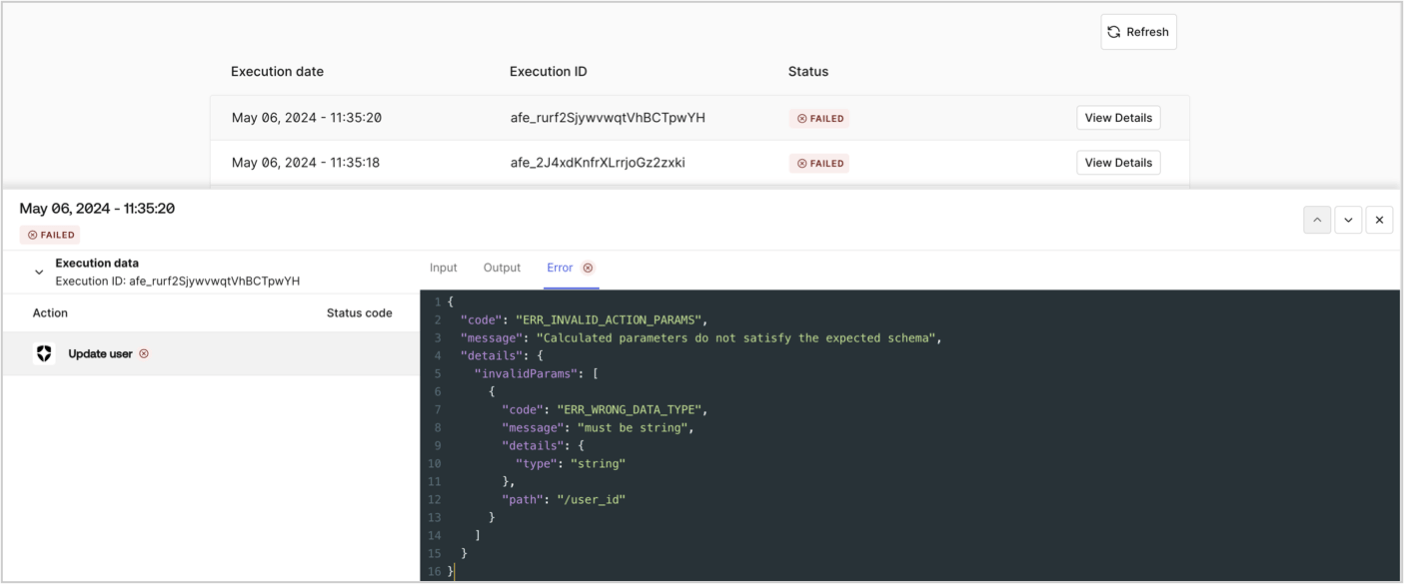 Dashboard > Actions > Forms > Flow > Execution > Error