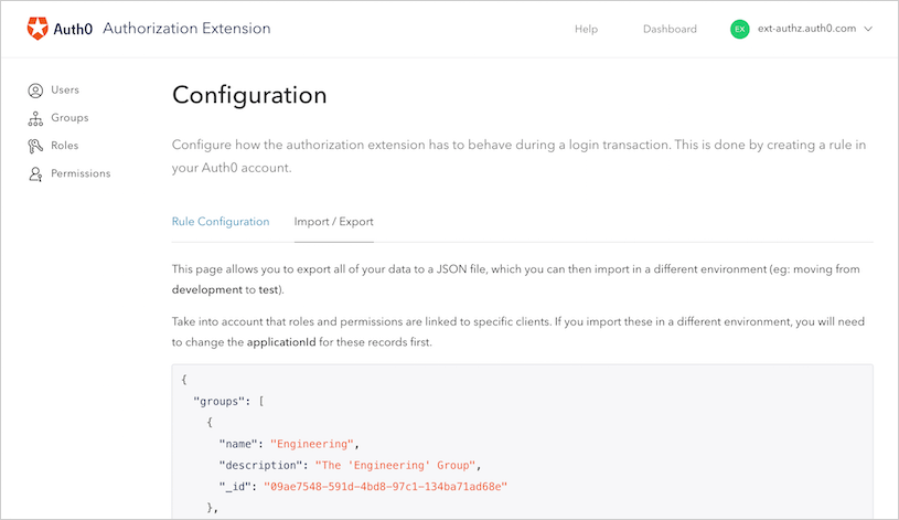Dashboard - Dashboard de l’Authorization Extension - Configuration - Import Export