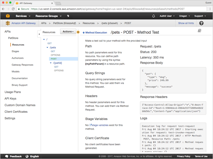 AWS API Gateway - résultats du test