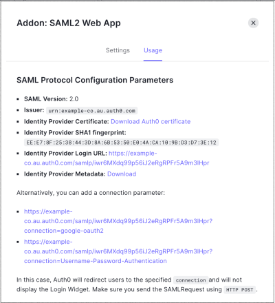 Auth0 Dashboard アプリケーション アプリケーション Addons タブ SAML2 Web App 使用状況 タブ