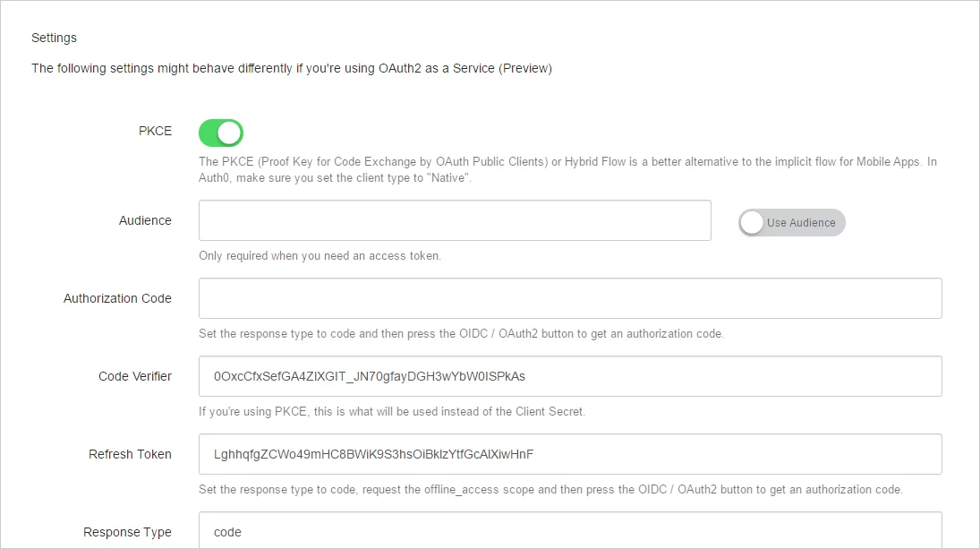 Dashboard - Extensions - Authentication API Debugger - OAuth OIDC Settings