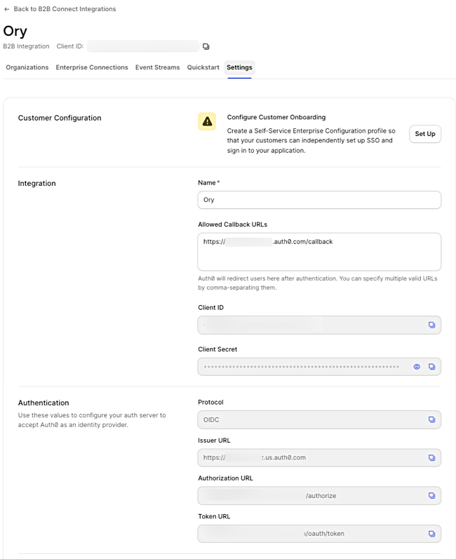 Copy Client ID, Client Secret, and Issuer URL from your integration settings