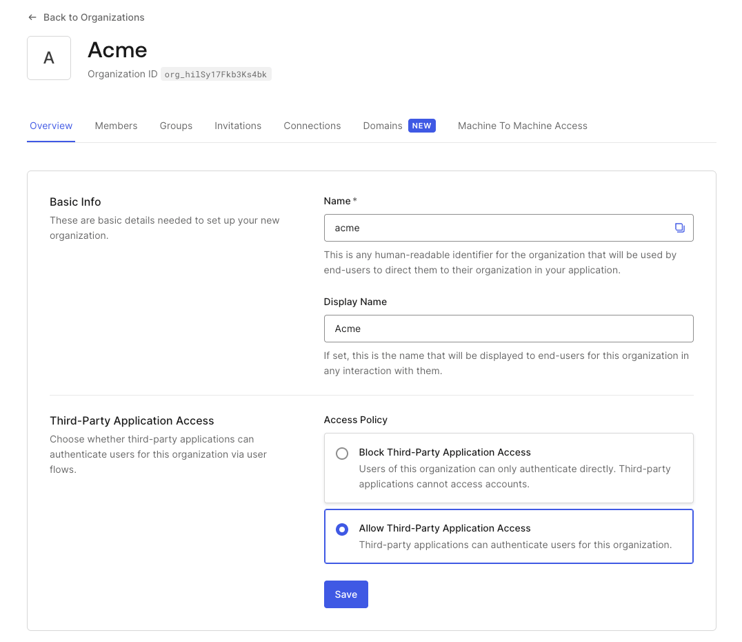 Organization Settings showing Third-Party Application Access options