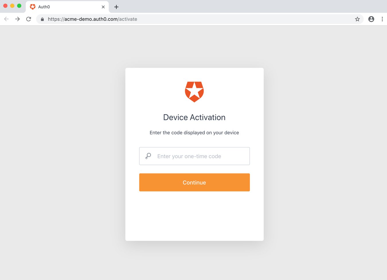 Auth0 Flows Device Authorization prompt directing the user to enter the code displayed on their device