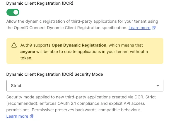 Dashboard Advanced Tenant Settings with DCR Security Mode dropdown