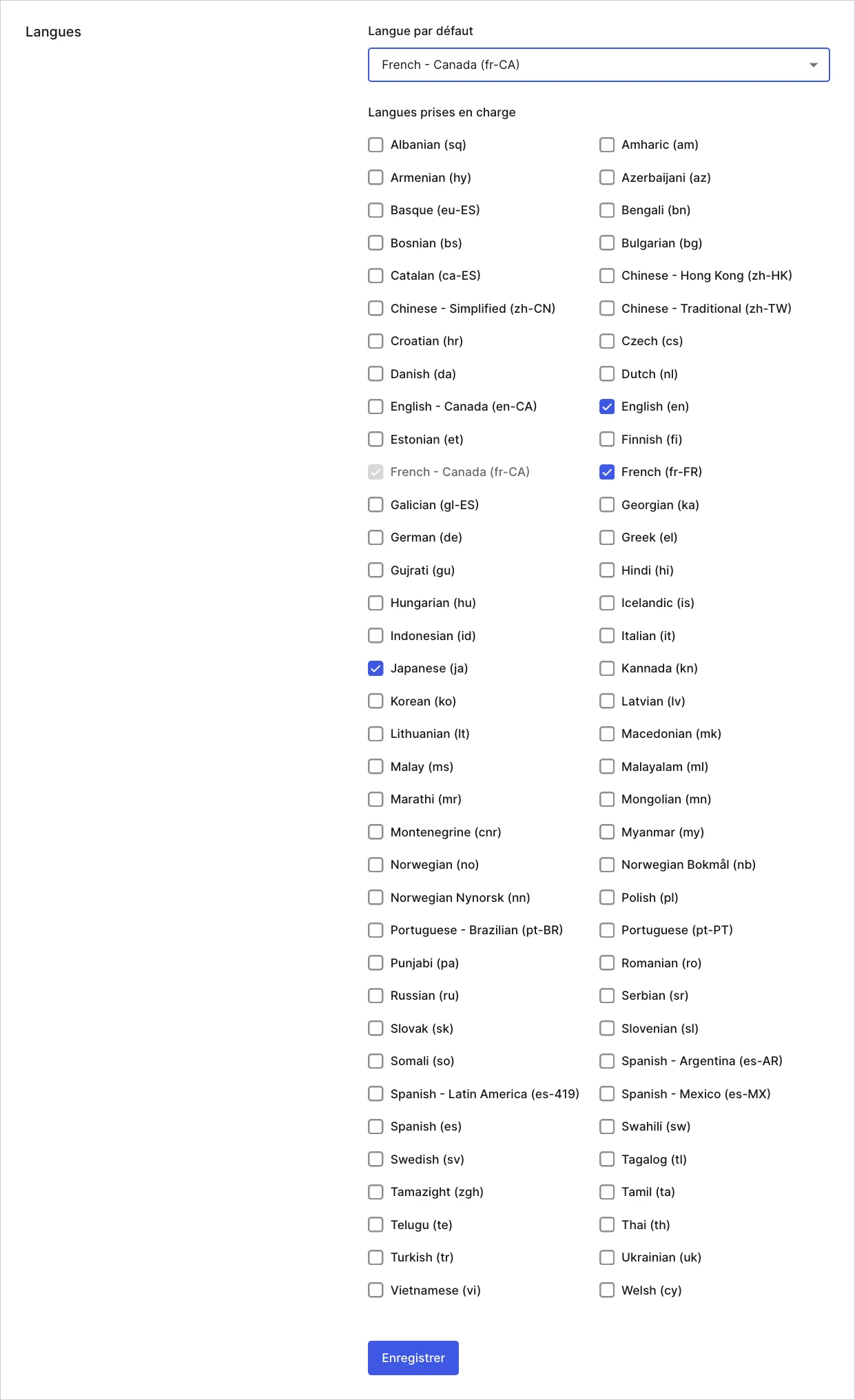 Dashboard Tenant Settings (Paramètres de locataire) – Onglet General (Général) – Languages (Langues)