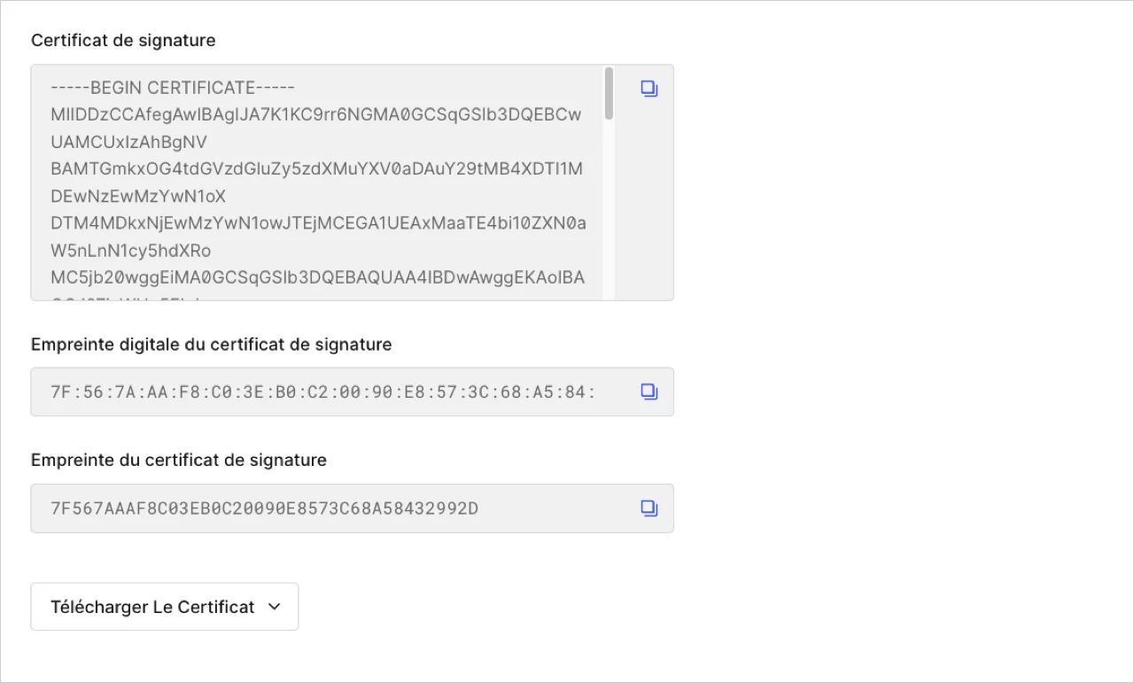 Dashboard Applications Paramètres avancés (Advanced Settings) onglet Certificate (Certificats)