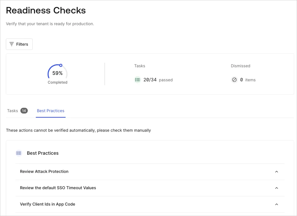 Auth0 Dashboard > Readiness Checklist