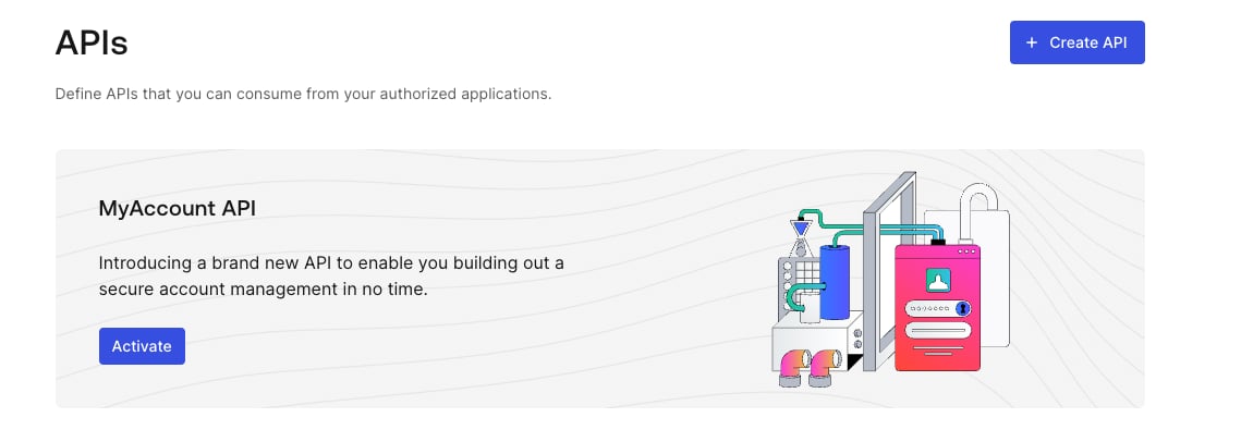 Auth0 Dashboard APIs page showing the MyAccount API banner with the Activate button