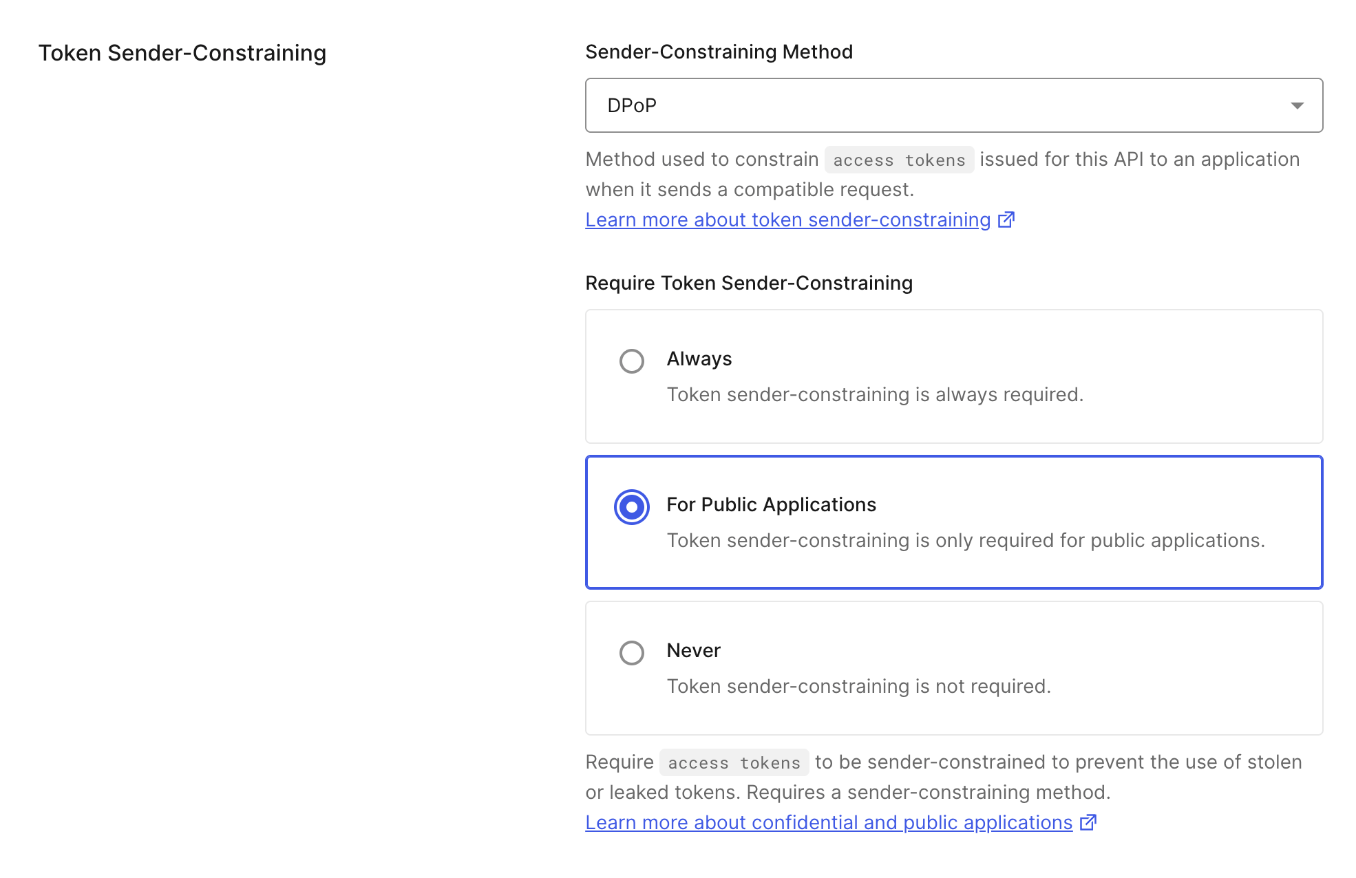 Auth0 Dashboard > APIs > Settings > Token binding