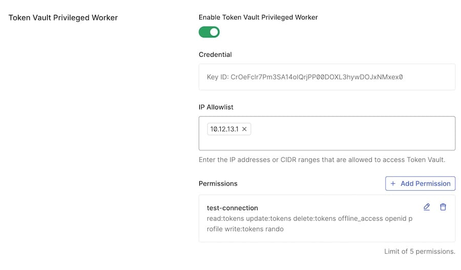 Token Vault settings showing Enable Token Vault toggle and Credential selector