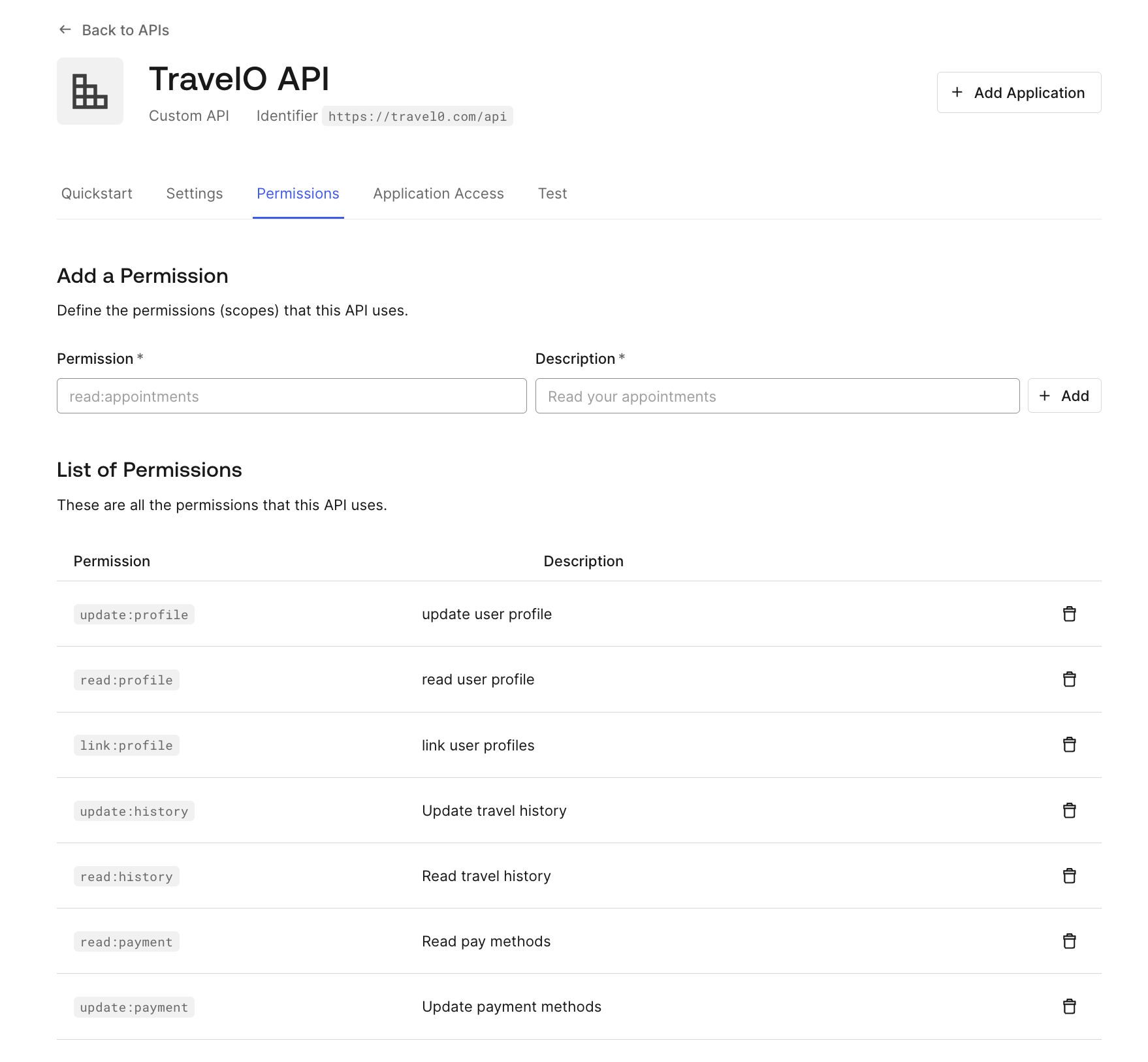 Dashboard Add API Permissions API Define Permissions Screen