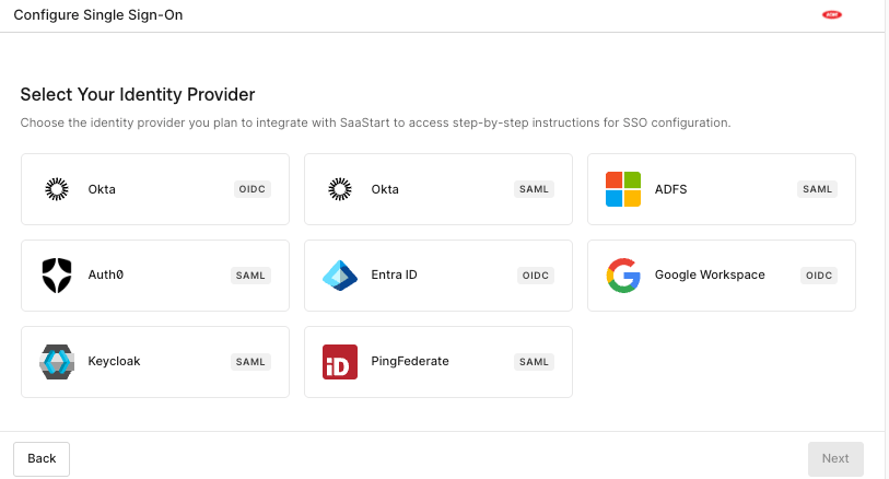 The first step of the self-service assistant that customer admins use to configure SSO.