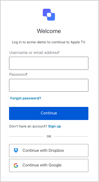 Auth0 Flows Device Authorization User authorization prompt directing the user to log in with email and password or with Google or another identity