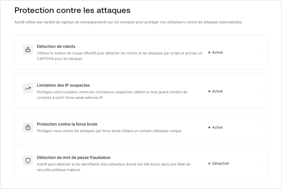 Dashboard (Tableau de bord) - Security (Sécurité) - Attack Protection page (Page de protection contre les attaques)
