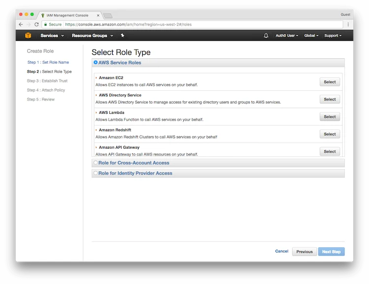 IAM Console - Select the Role Type - Service Roles - AWS Lambda