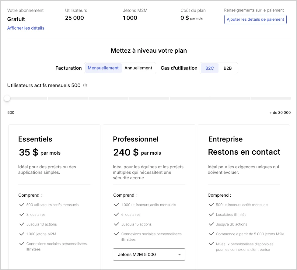 Onglet Abonnement Auth0 locataire Paramètres