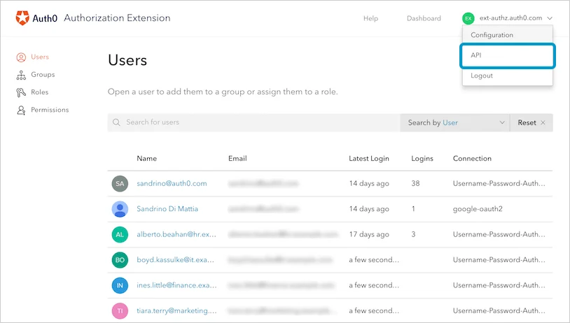 Dashboard - Extensions - Authorization Extensions Dashboard - Select API