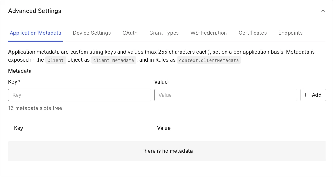 Dashboard Applications Applications Settings Tab Advanced Settings Application Metadata Tab