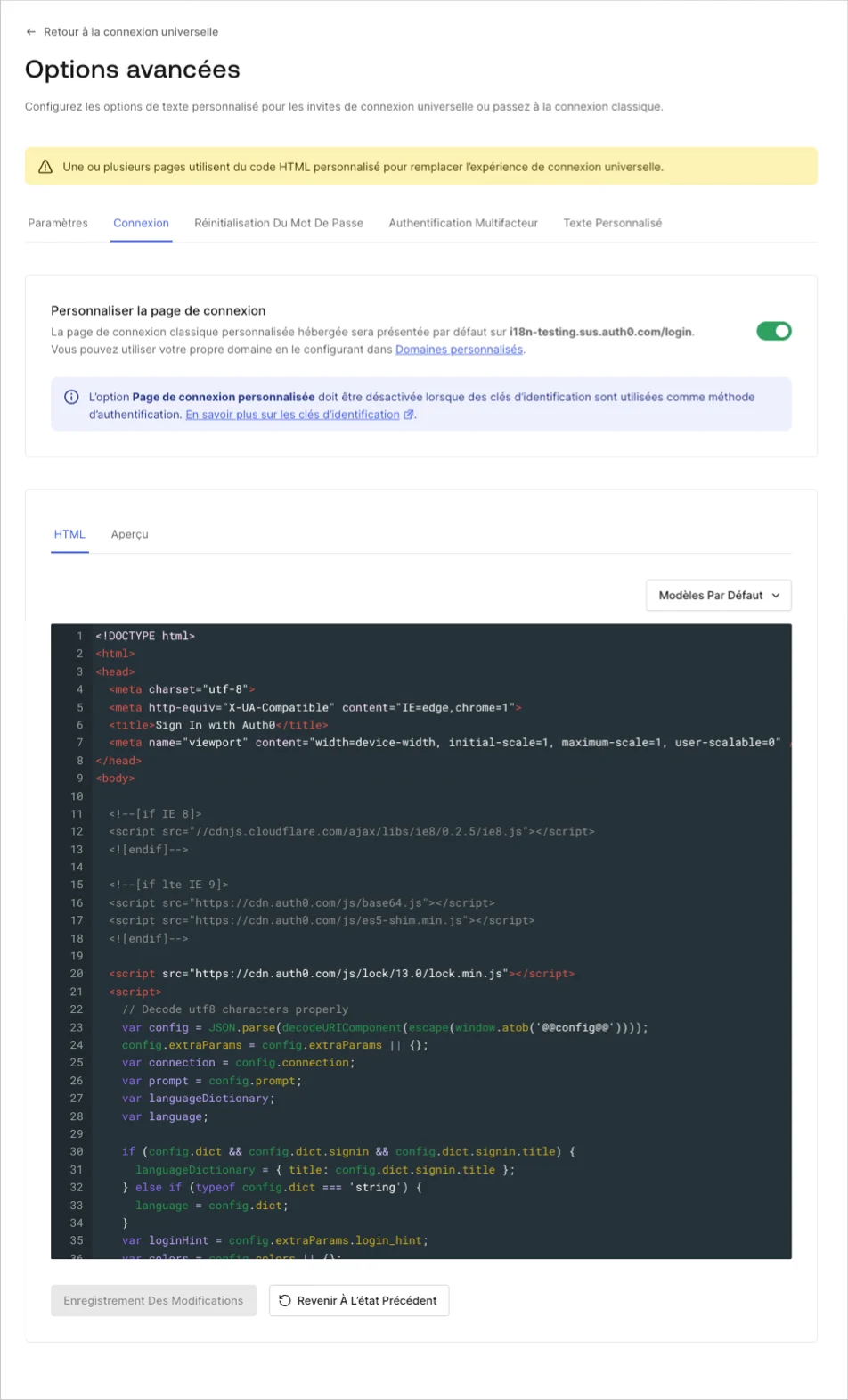 Dashboard - Marquage - Connexion universelle - Paramètre de connexion - Exemple de code de page hébergée avec lien de compte