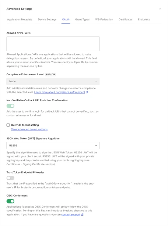 Dashboard Applications Application Settings Tab Advanced Settings OAuth Tab
