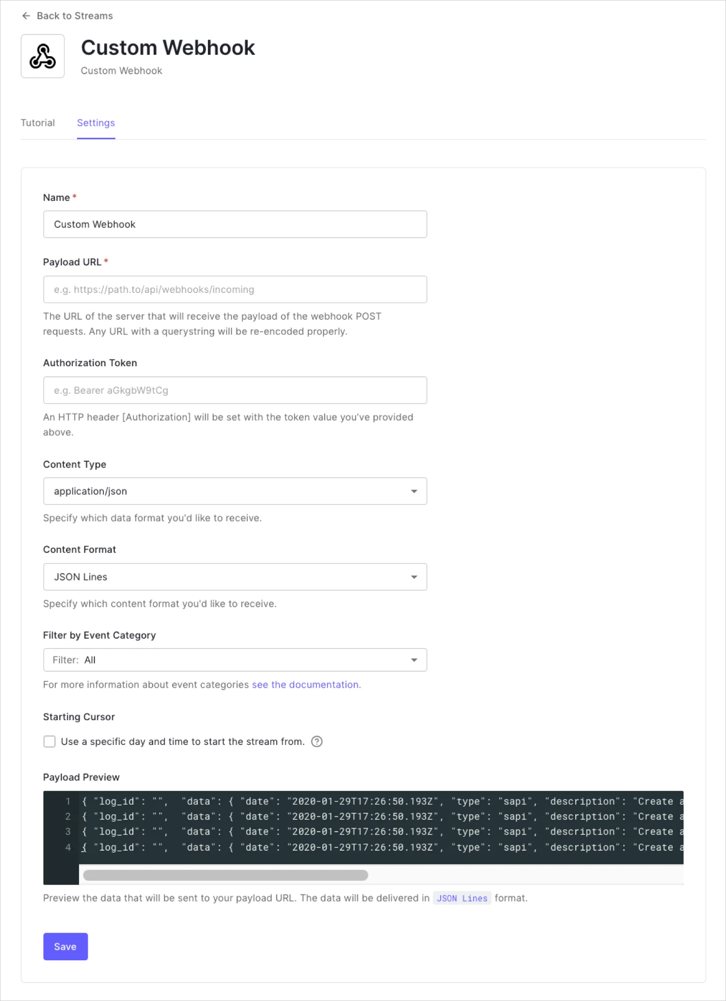 Dashboard Monitoring Streams Custom Webhook Settings Tab