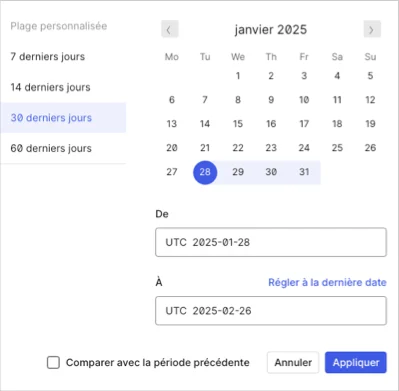Exemple de formulaire de sélection de date de la page Activité du tableau de bord