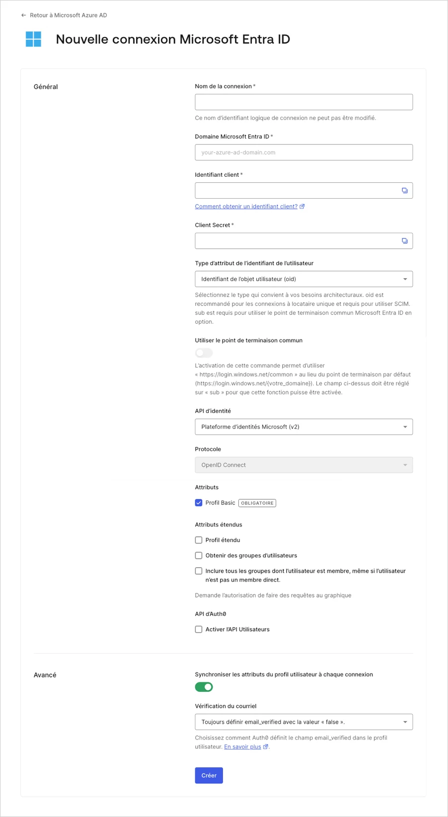 Créer une nouvelle connexion Entra ID