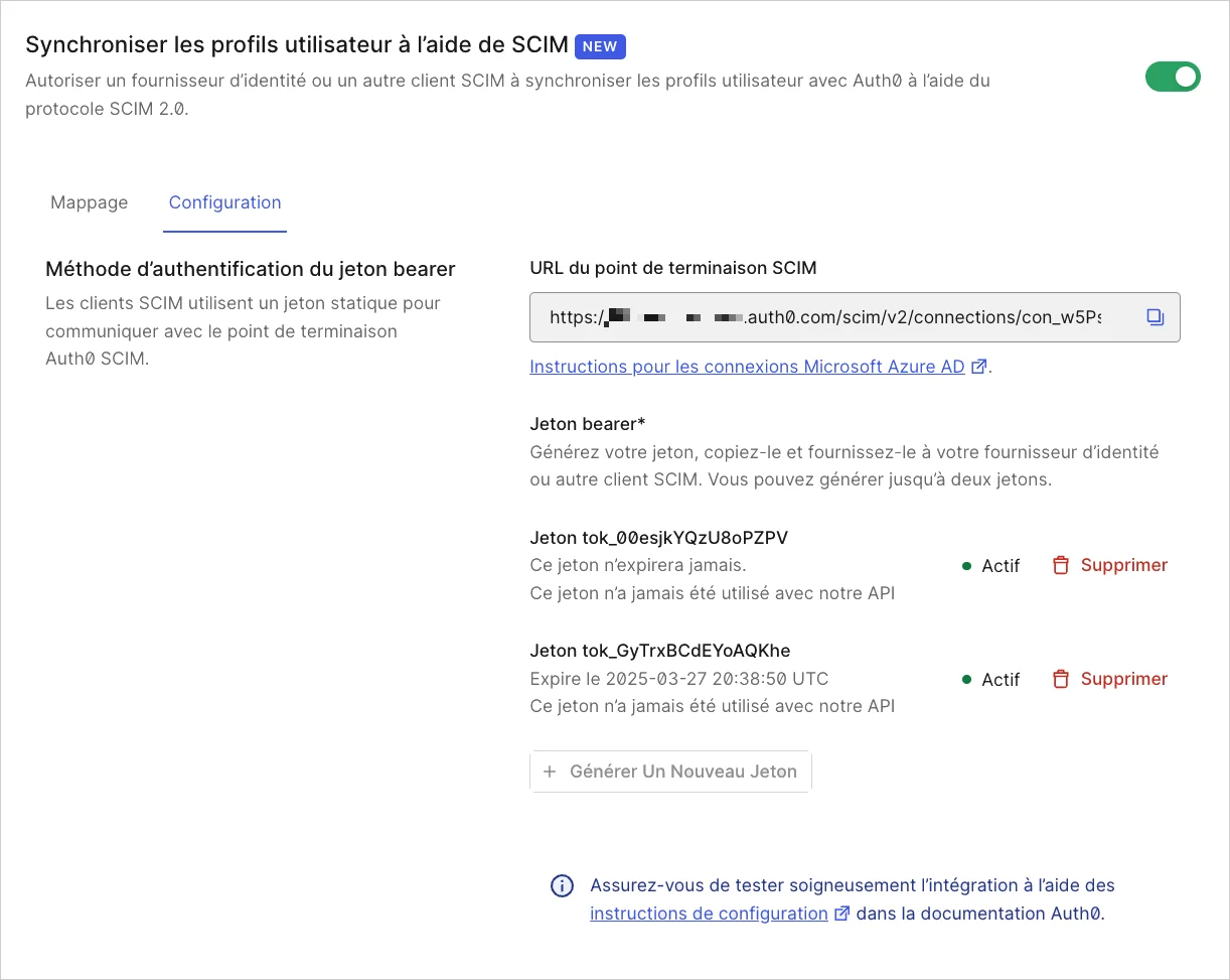 Capture d’écran du tableau de bord de la configuration SCIM