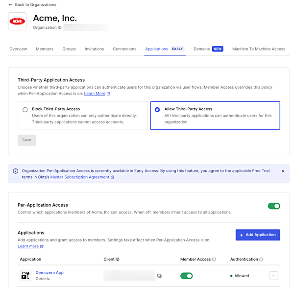 Organization Settings showing Third-Party Application Access options