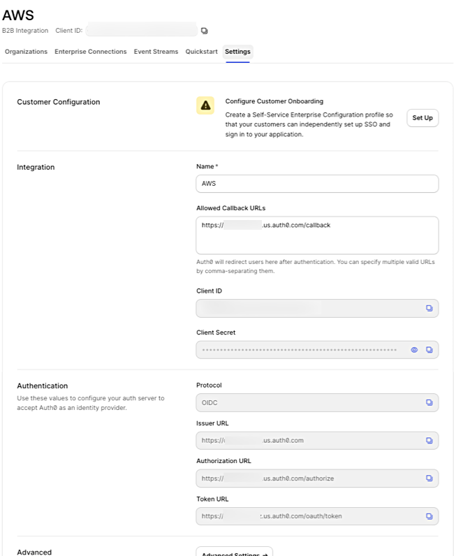 Copy Client ID, Client Secret, and Issuer URL from your integration settings